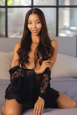 Lia Lin Parts Her Slender Thighs Exposing Her Shaved Pussy